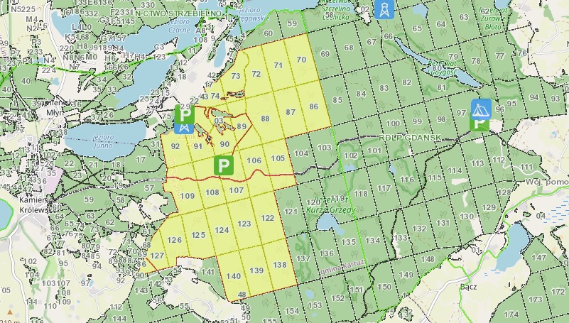Obszar na terenie Lasów Mirachowskich. fot.screen z:https://www.bdl.lasy.gov.pl/portal/mapy